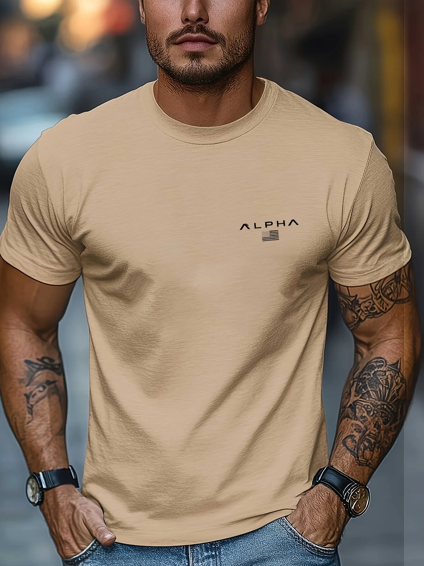 Camiseta de manga corta con cuello redondo y estampado de patrón ALPHA para hombre, 100% de algodón, informal, a la moda, deportiva, holgada, de verano