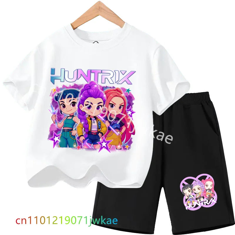 Conjunto de camiseta con estampado Kpop Hun Ters, ropa de verano para niños, camiseta de película + pantalones cortos, camisetas de secado rápido para niñas y niños