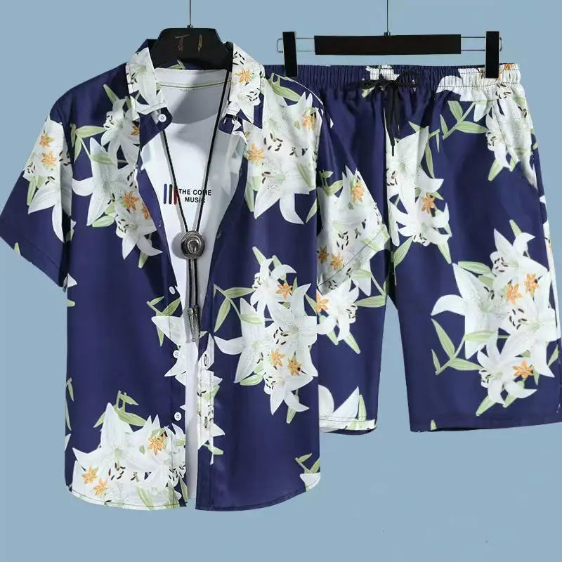 Cómoda camisa con estampado 3D de árbol de coco y hojas de hierba y flores + Pantalones cortos, conjunto de dos piezas, camisas con cuello abatible de manga corta, medio pantalón