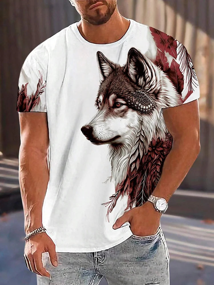 Camiseta con estampado de lobo en 3D para hombre, camisa informal de manga corta con cuello redondo, tela transpirable y cómoda, ropa de calle para exteriores para hombre