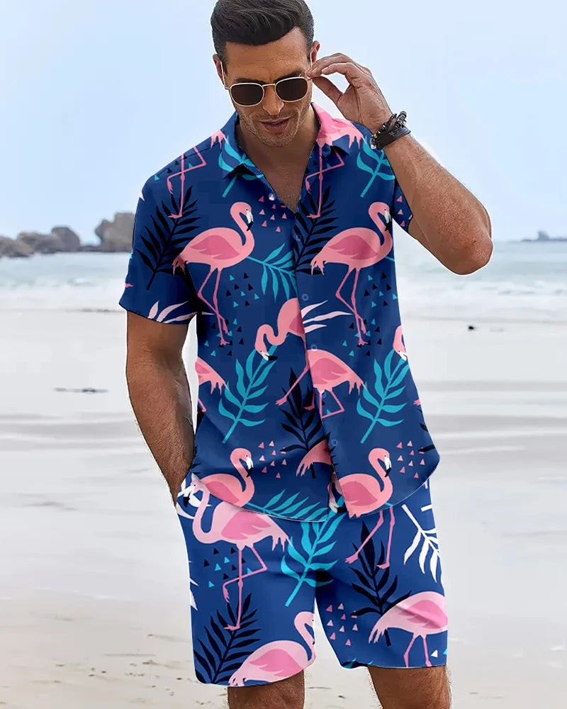 2025 Camisas con estampado de flamencos en 3D para hombre, pantalones cortos hawaianos de manga corta para vacaciones en la playa, conjuntos de moda de tendencia Hip Hop de verano de 2 piezas para hombre