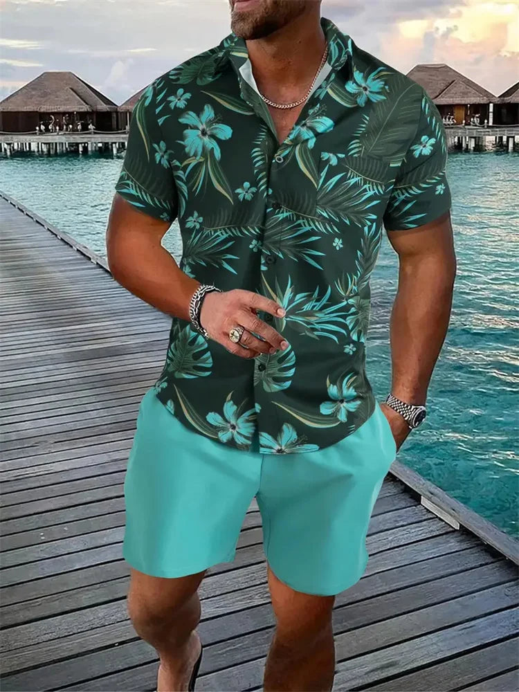 Conjunto Hombre Verano Playa Hawaiano Oversize – Camisa Manga Corta + Shorts Estampado 3D (2 Piezas)