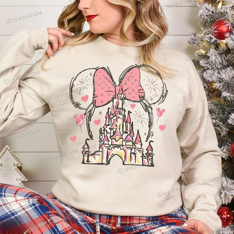 Estética Castillo Minnie sudadera de manga larga cuello redondo Magic Kingdom pulóver dibujos animados Mickey Minnie mujer otoño sudaderas