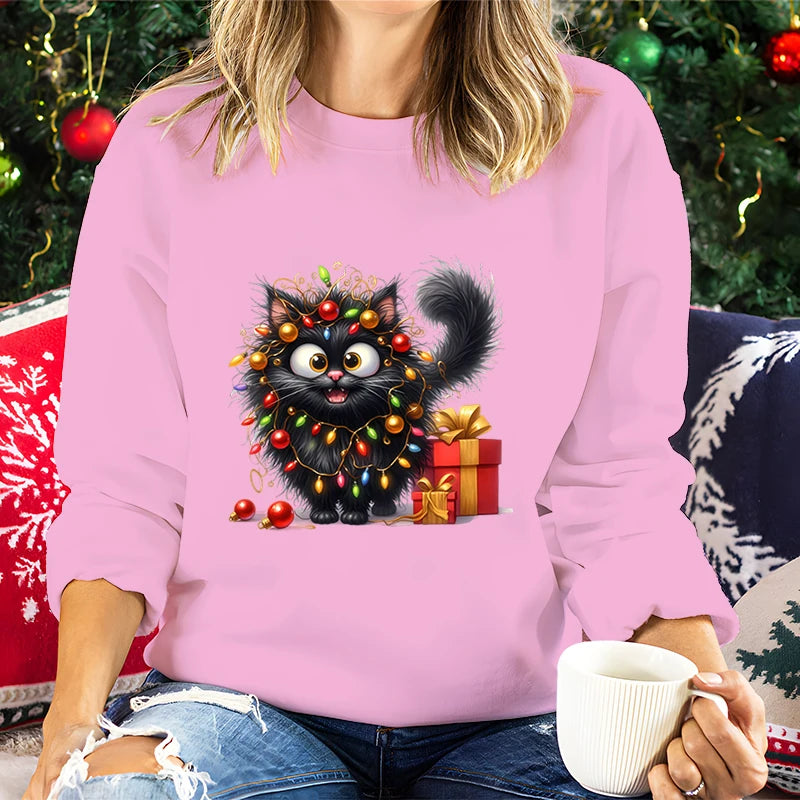 Regalo de amante de los gatos para Navidad, sudaderas para mujer, lindas y esponjosas luces de gatos, sudaderas con capucha de vacaciones, sudaderas navideñas para amantes de los animales