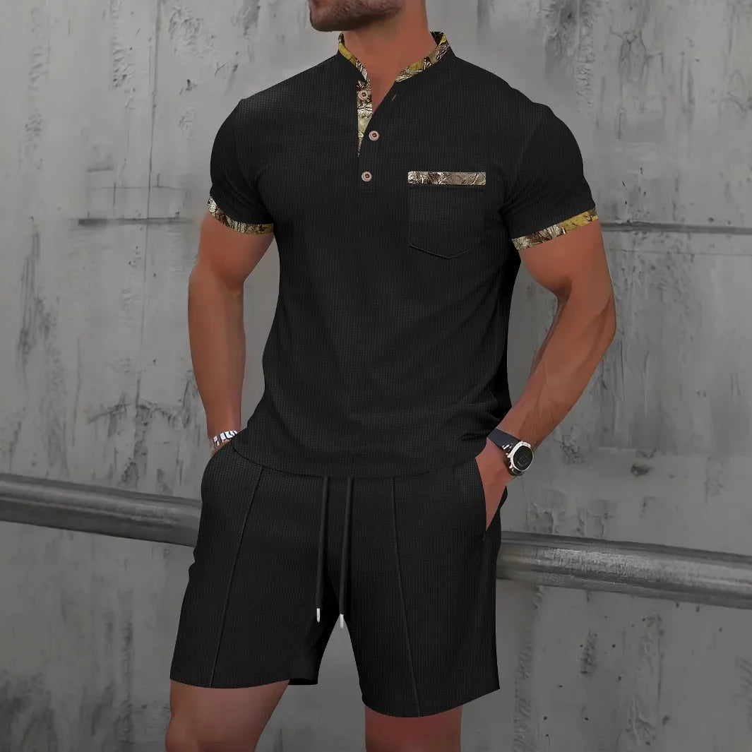 Conjunto de Dos Piezas para Hombre, Verano 2026, Estilo Europeo y Estadounidense, Color Liso, Cierre de Cremallera, Solapa, Manga Corta, Pantalones Cortos
