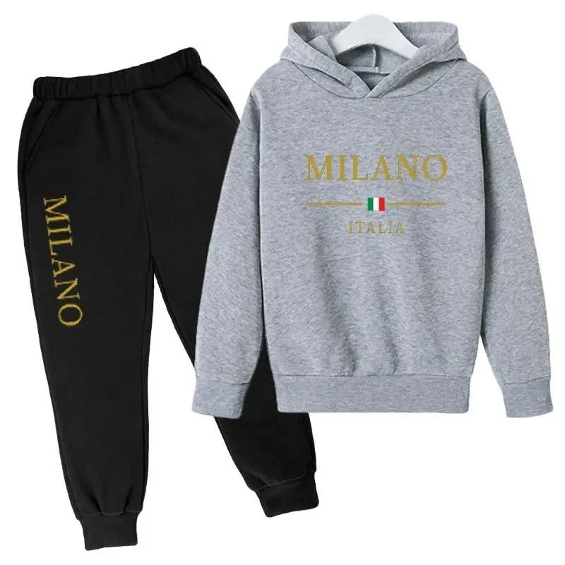 Sudadera con capucha y pantalones con estampado de letras de marca de moda, conjunto deportivo de 2 piezas para niños y niñas, ropa informal, conjunto infantil