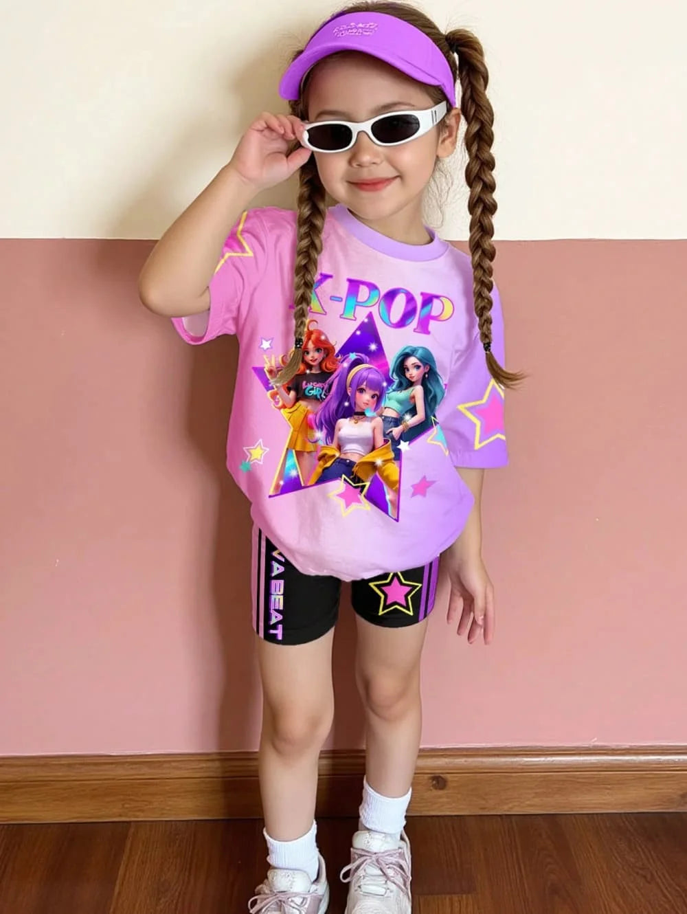 Conjunto de Camiseta y Pantalones con Estampado de Dibujos Animados Kpop, Ropa de Verano para Niñas, Conjunto de Manga Corta, Conjunto de Camiseta y Pantalones Cortos para Niños