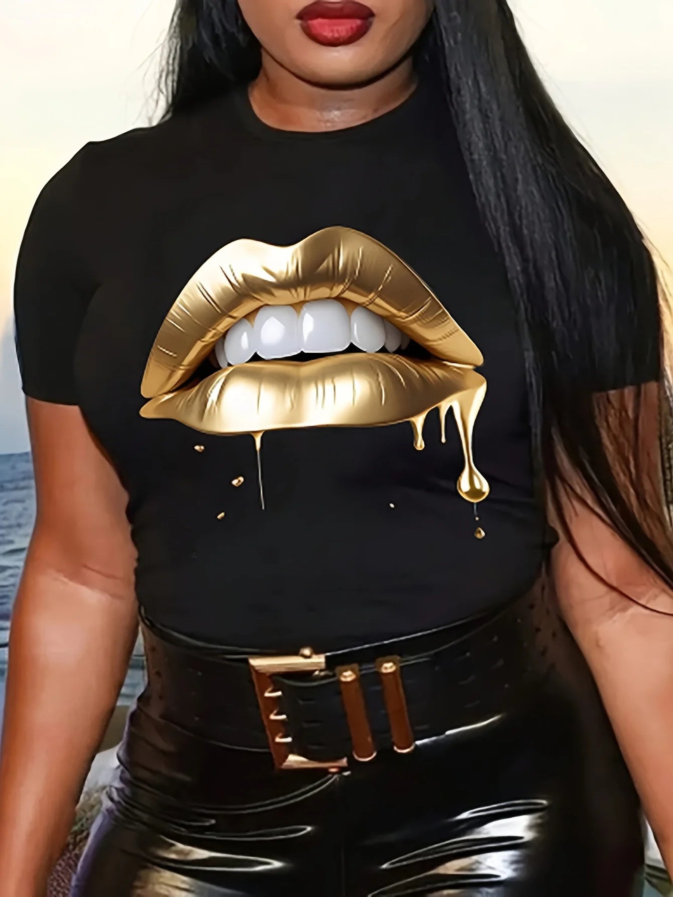 Camiseta con cuello redondo y estampado de labios, camiseta informal de manga corta para primavera y verano, ropa de mujer