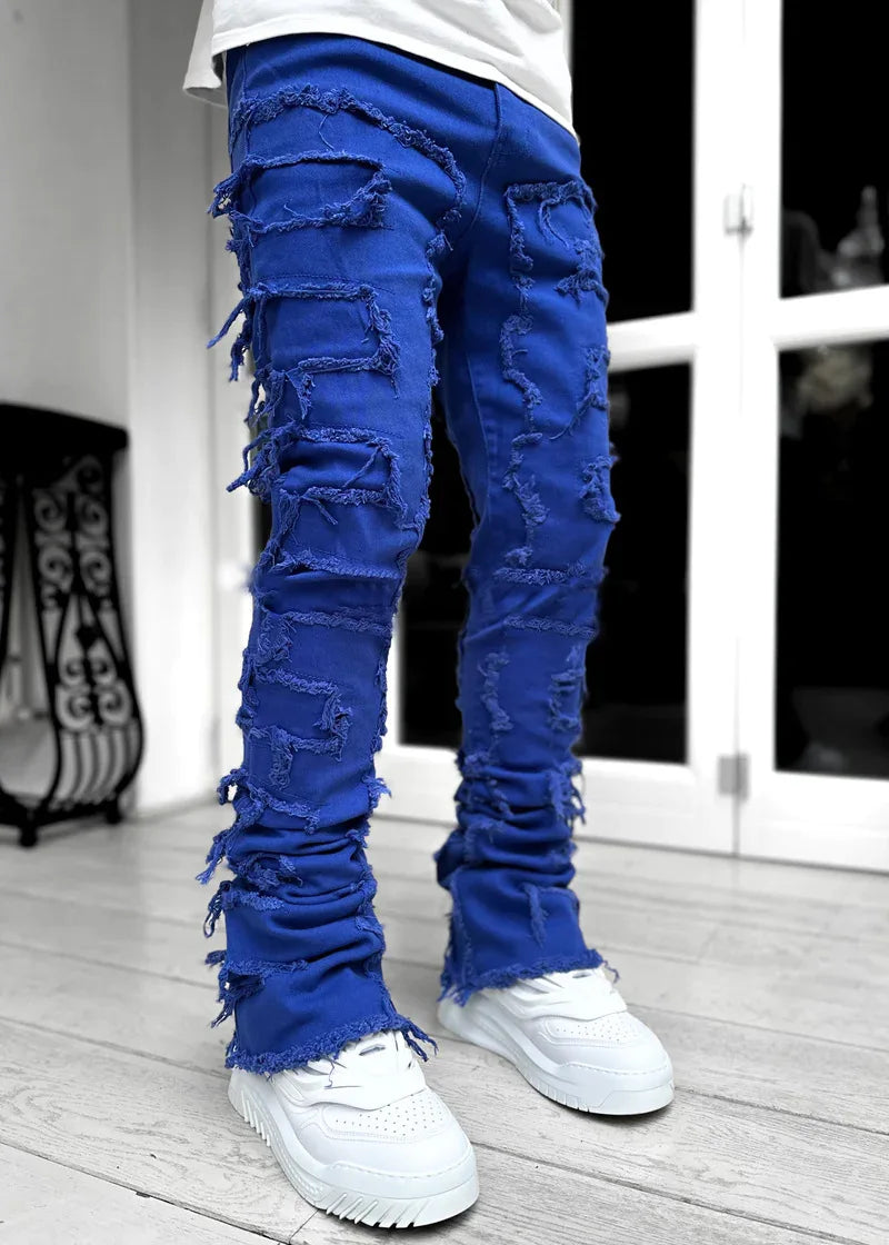 Nuevos pantalones vaqueros de moda para hombre, pantalones de trabajo, ropa de trabajo de moda europea y americana, pantalones acampanados en capas de mezclilla con retales elásticos, S-XXL