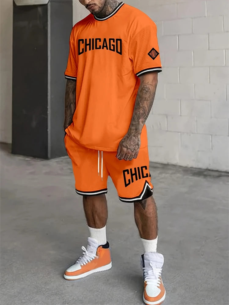 Nuevo traje transpirable de manga corta para deportes al aire libre de verano para hombre, diseño de patrón de letras, conjunto de dos piezas de estilo callejero a la moda de ocio