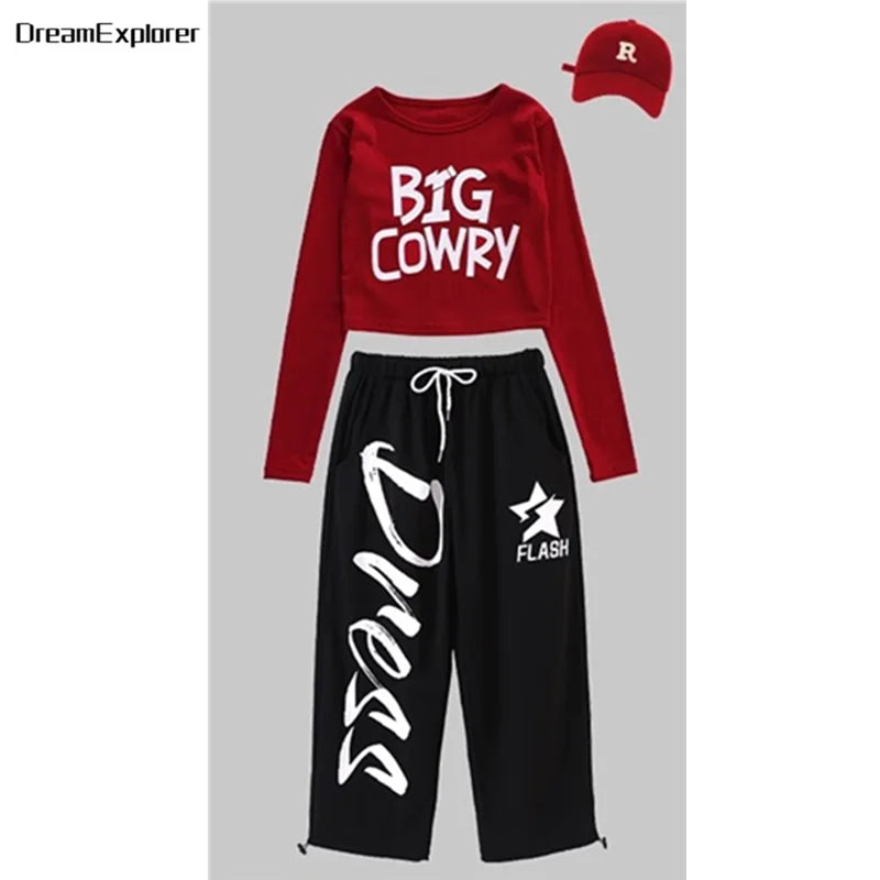 Top corto k-pop para niñas, pantalones deportivos con letras a la moda, conjuntos de ropa de grupo para niñas, ropa informal estilo Hip Hop, disfraces de Jazz para niños