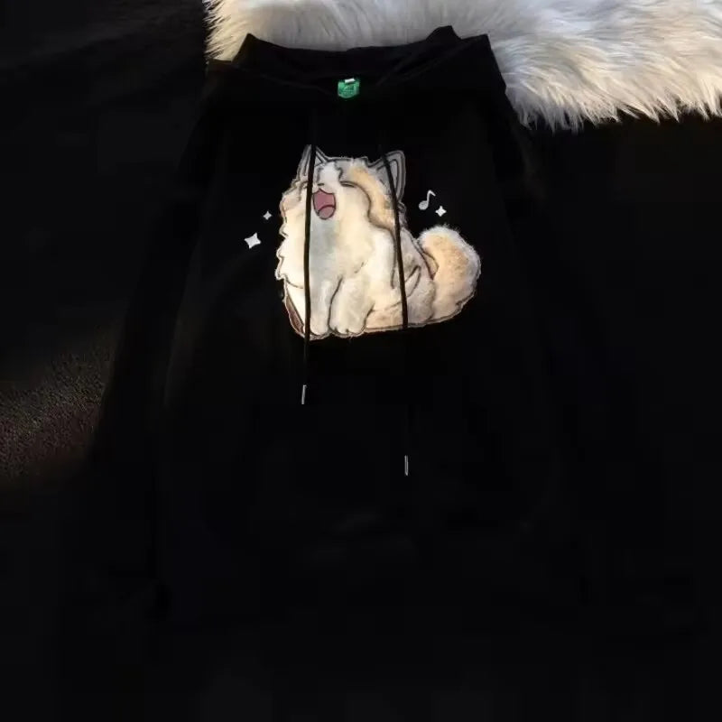 Sudaderas con capucha de retales de gato de dibujos animados con bordado aterciopelado Kawaii japonés, sudadera holgada de calle con bolsillo de canguro grueso, Top que combina con todo