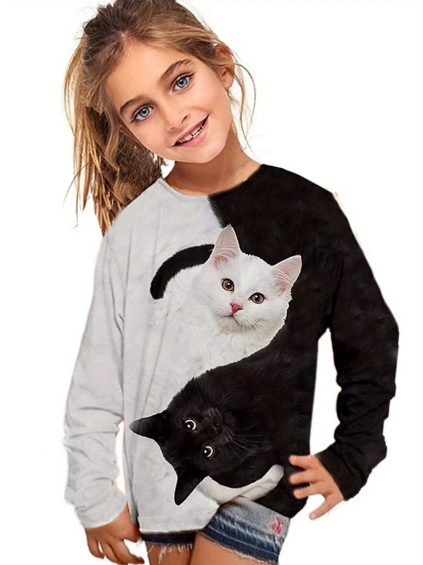 Camiseta de manga larga para niños y niñas, ropa informal con estampado de gato y cuello redondo de dibujos animados, Verano