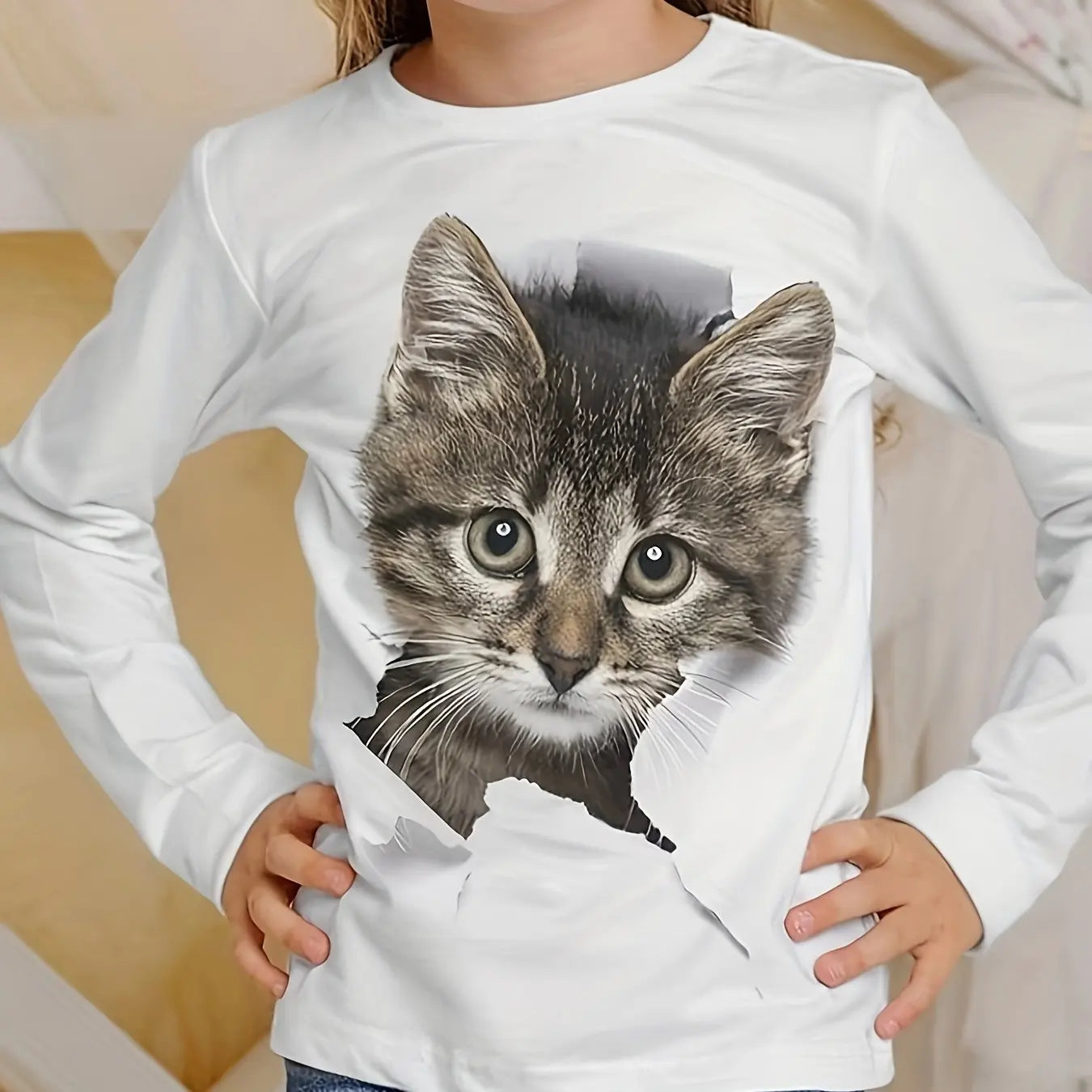 Camiseta de manga larga para niños y niñas, ropa informal con estampado de gato y cuello redondo de dibujos animados, Verano