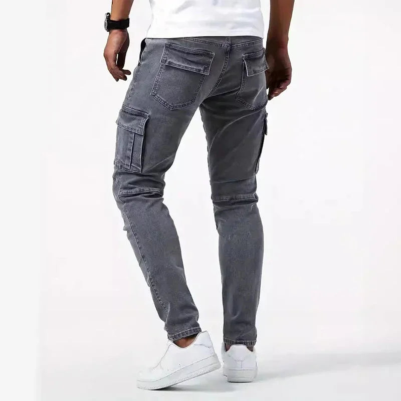 Pantalones vaqueros de tubo informales para hombre, elásticos, con múltiples bolsillos, pequeños, ajustados, de calle, vaqueros Cargo de cintura media de Color sólido