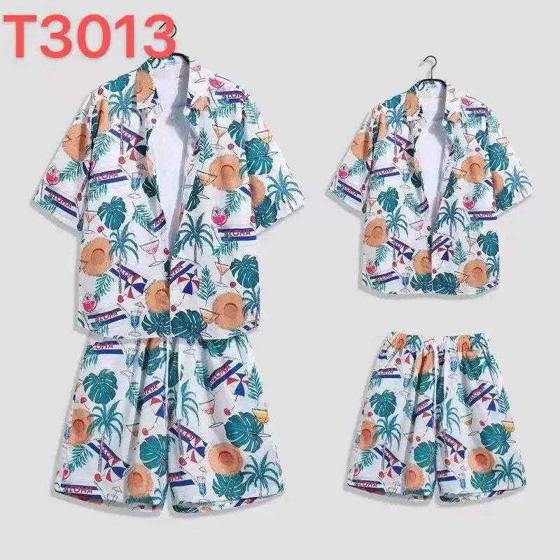 Cómoda camisa con estampado 3D de árbol de coco y hojas de hierba y flores + Pantalones cortos, conjunto de dos piezas, camisas con cuello abatible de manga corta, medio pantalón