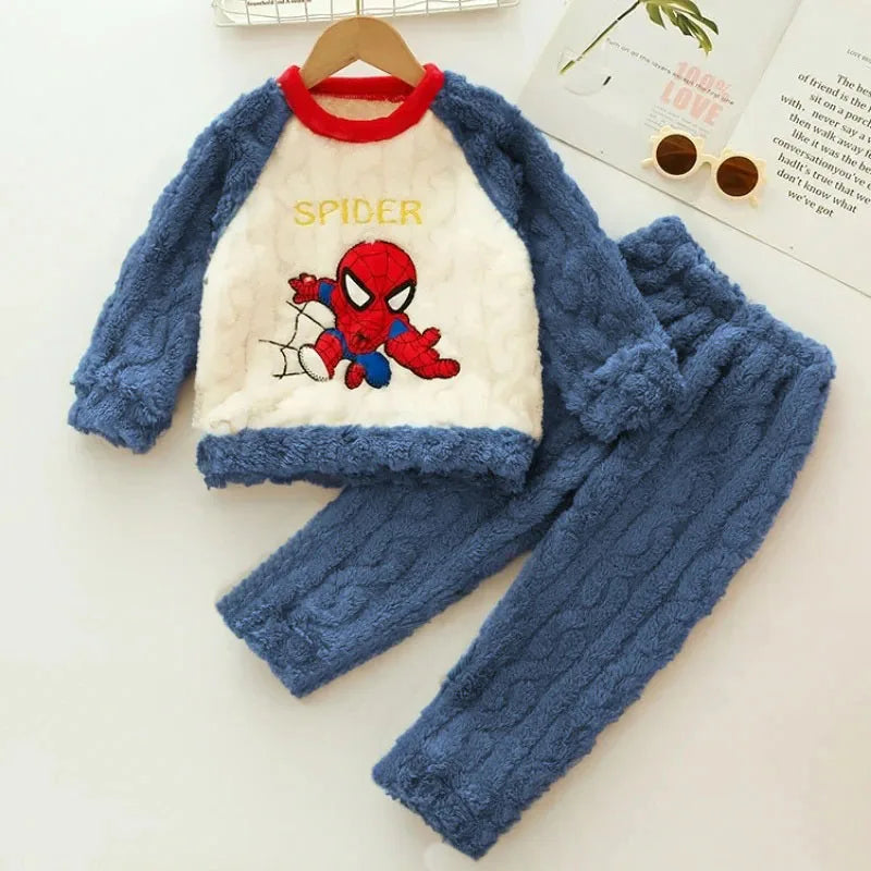 Otoño/Invierno Disney ropa para niños conjunto de ropa de dormir para niños conjunto de pantalones gruesos y cálidos de franela pijamas de dos piezas ropa para niños Spiderman