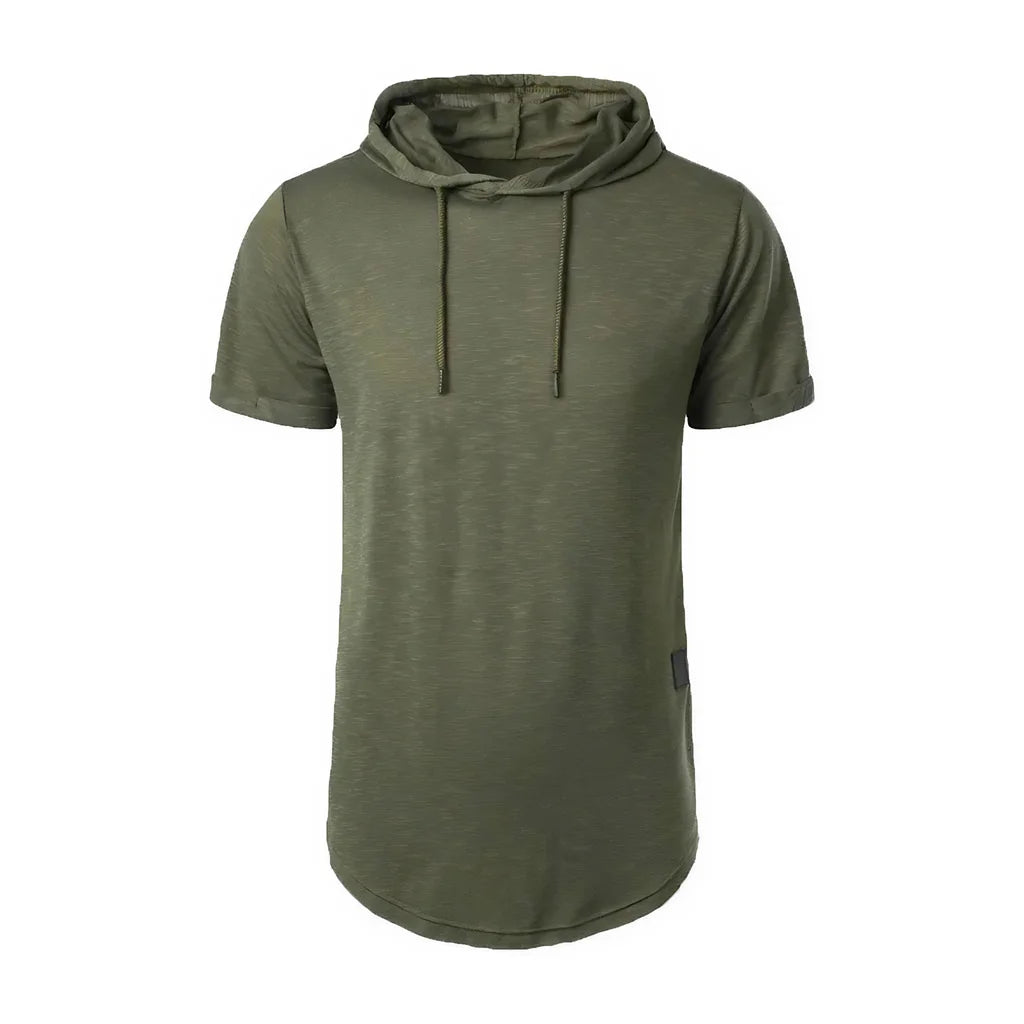 Camiseta de algodón para hombre, camisetas deportivas transpirables ajustadas de Color sólido con capucha de manga corta, camisetas informales ligeras para Fitness para hombre