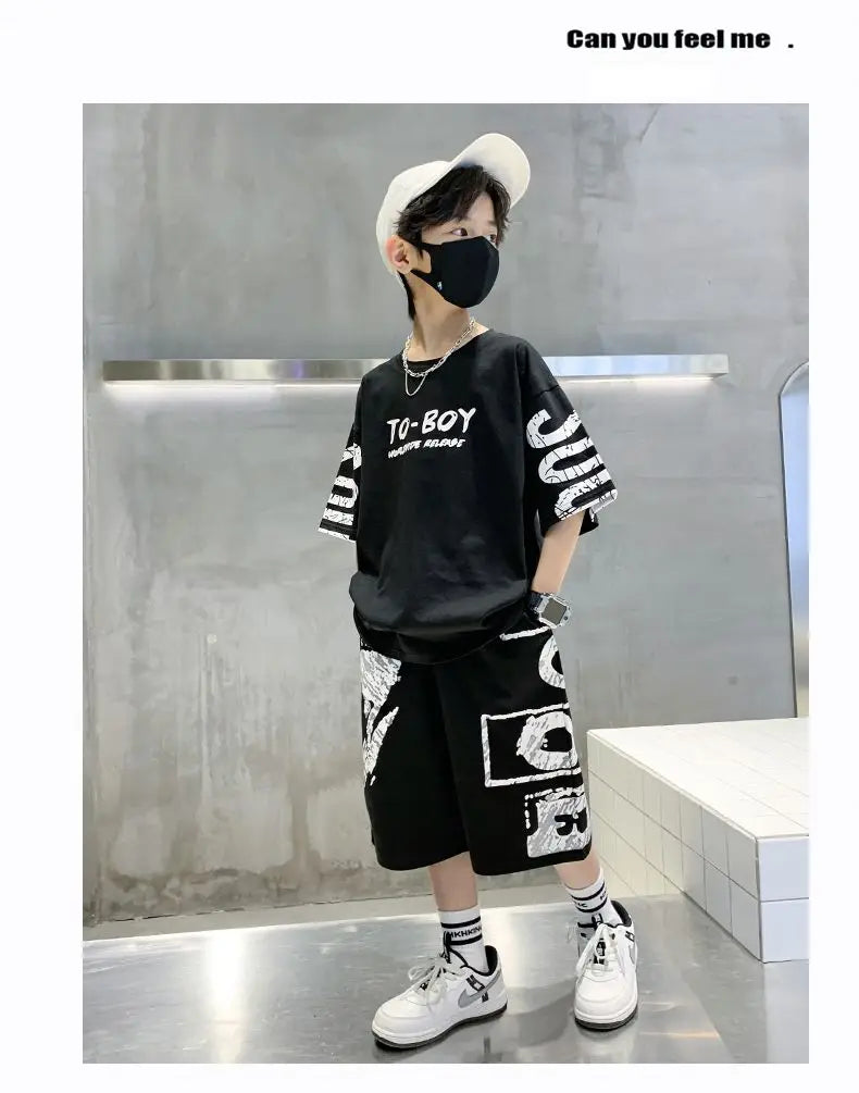 Conjunto de ropa deportiva informal para niños, camisetas de 2 piezas y pantalones, trajes de 3 a 14 años, estilo Hip Hop, moda de verano