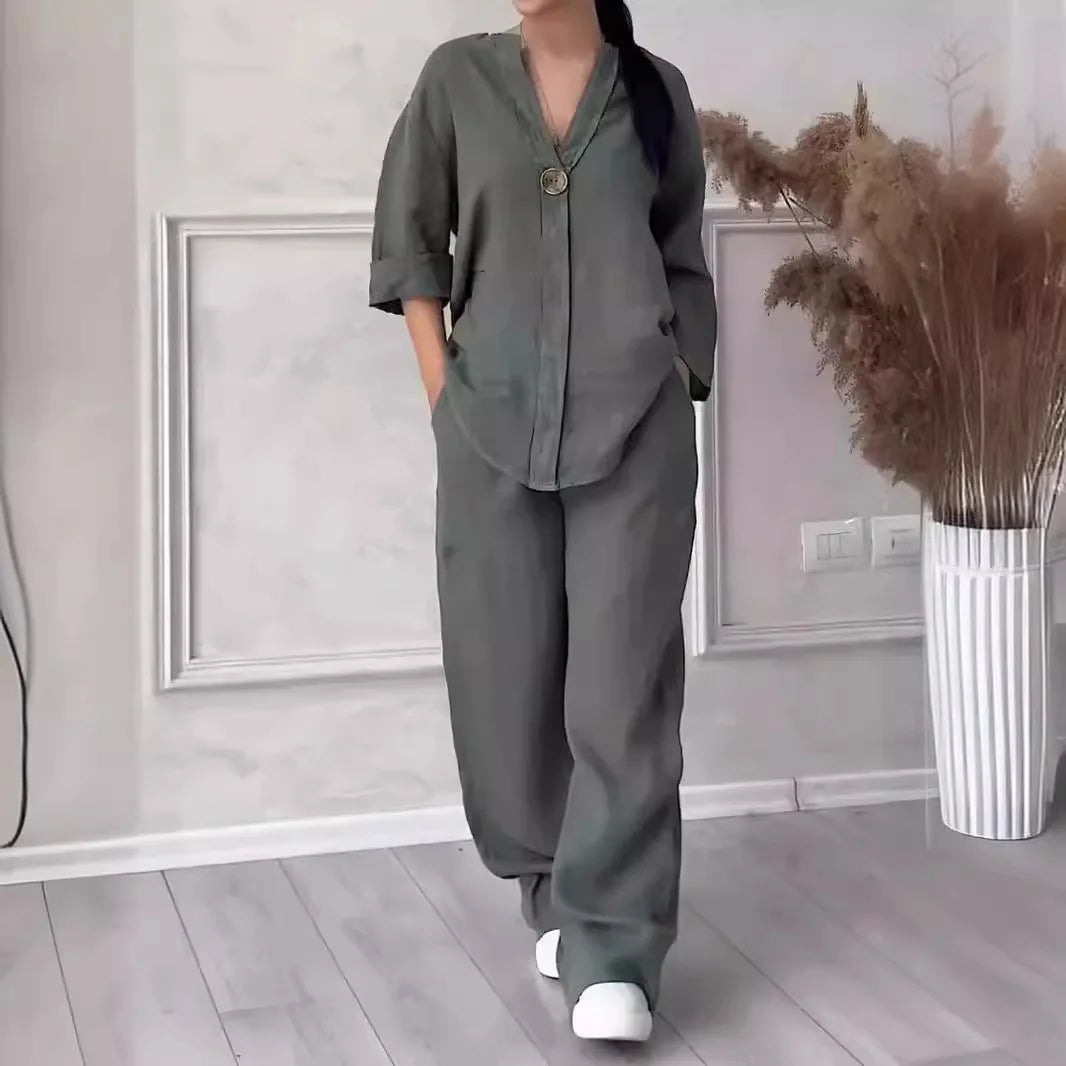 Conjuntos de lino y algodón, dos piezas, venta informal, manga larga, blusa holgada con botones, camisa y pantalones sueltos de pierna ancha de alta elasticidad, trajes NMD-3021
