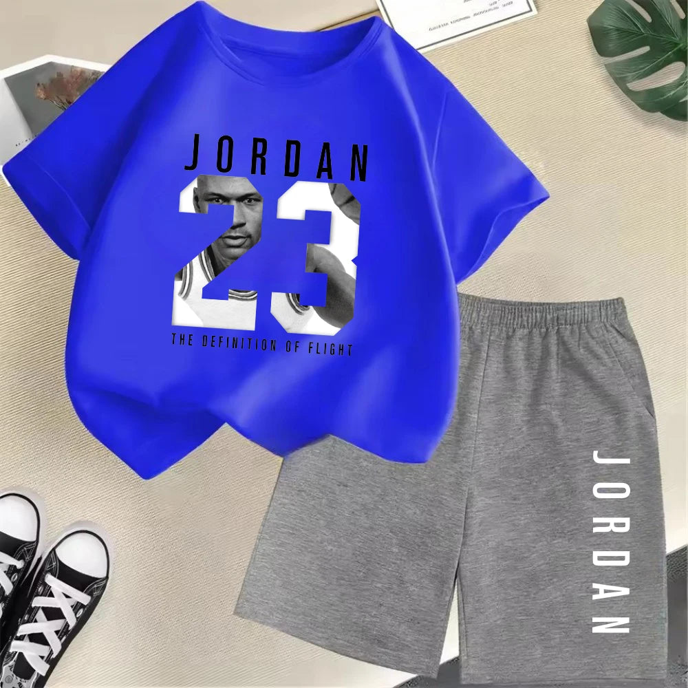 Conjunto de camiseta de manga corta de verano para niños, moda deportiva, pantalones cortos para niños y niñas, conjunto informal de 2 uds con estampado de gráficos de marca, conjunto para chico