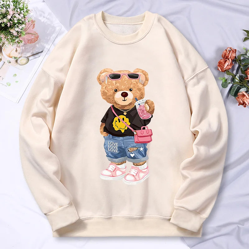 Sudadera con capucha con estampado de Bear Sister para mujer, ropa de lana cálida, informal, Hip Hop, jerséis sueltos, Top de otoño