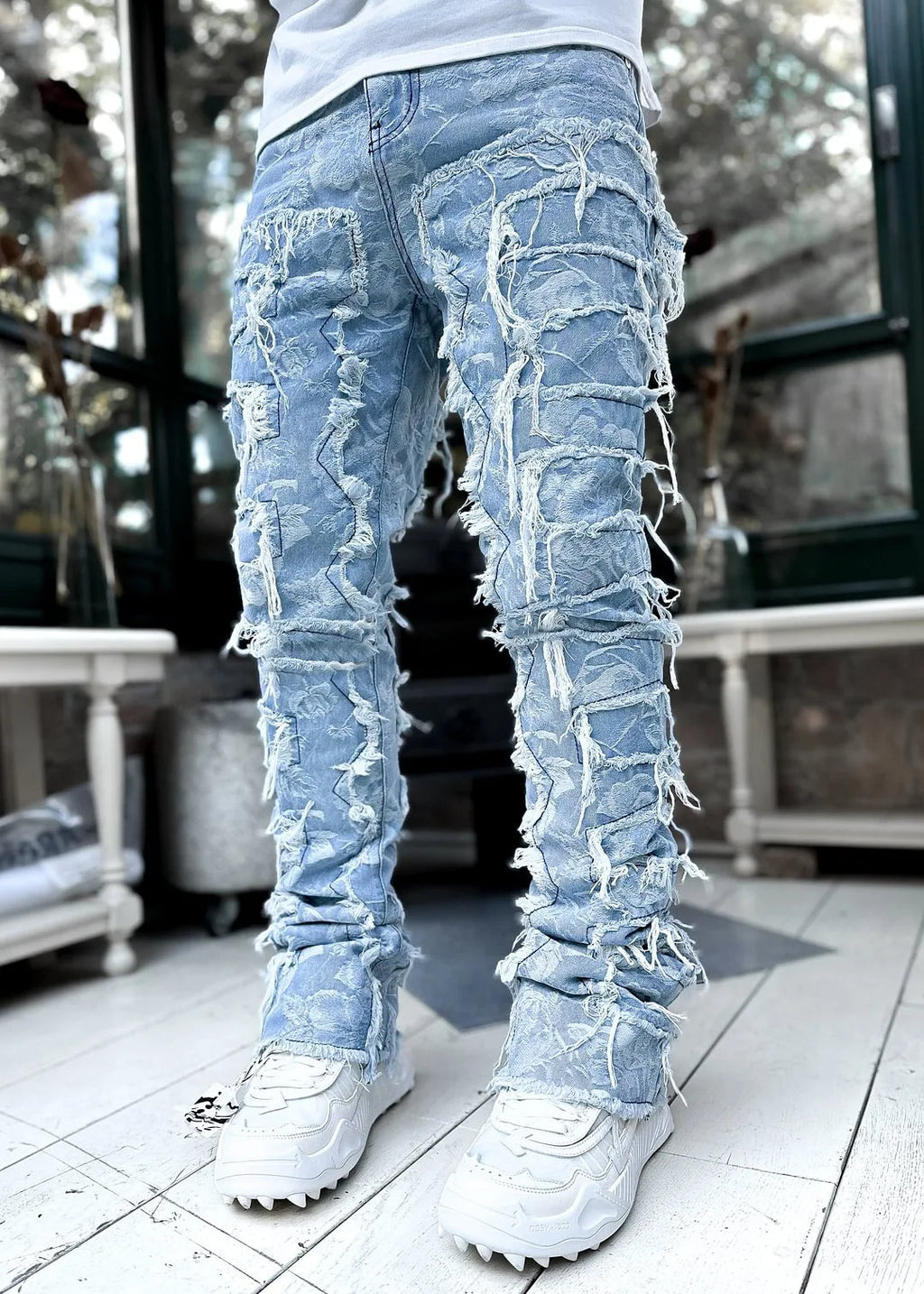Nuevos pantalones vaqueros de moda para hombre, pantalones de trabajo, ropa de trabajo de moda europea y americana, pantalones acampanados en capas de mezclilla con retales elásticos, S-XXL