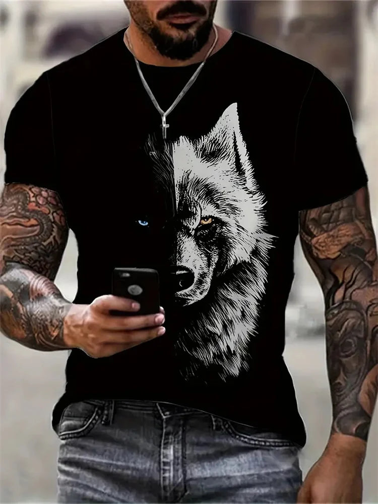 Camiseta con estampado de lobo en 3D para hombre, camisa informal de manga corta con cuello redondo, tela transpirable y cómoda, ropa de calle para exteriores para hombre