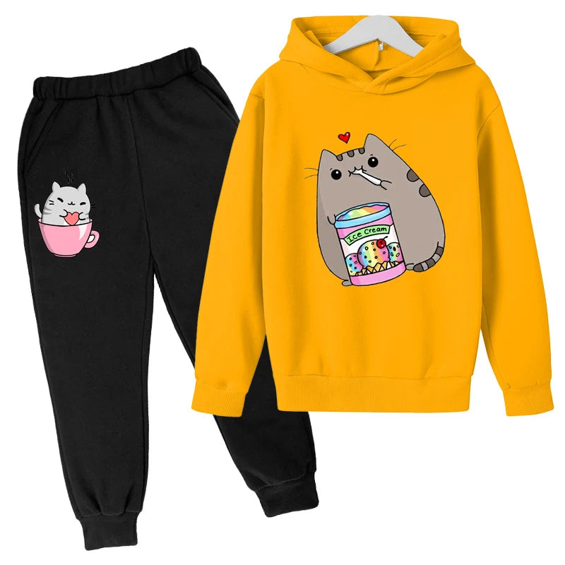 Sudadera con capucha con estampado de gato de Nutella para niños, ropa divertida para niñas y niños, conjuntos de ropa Harajuku Kawaii para niños, Invierno