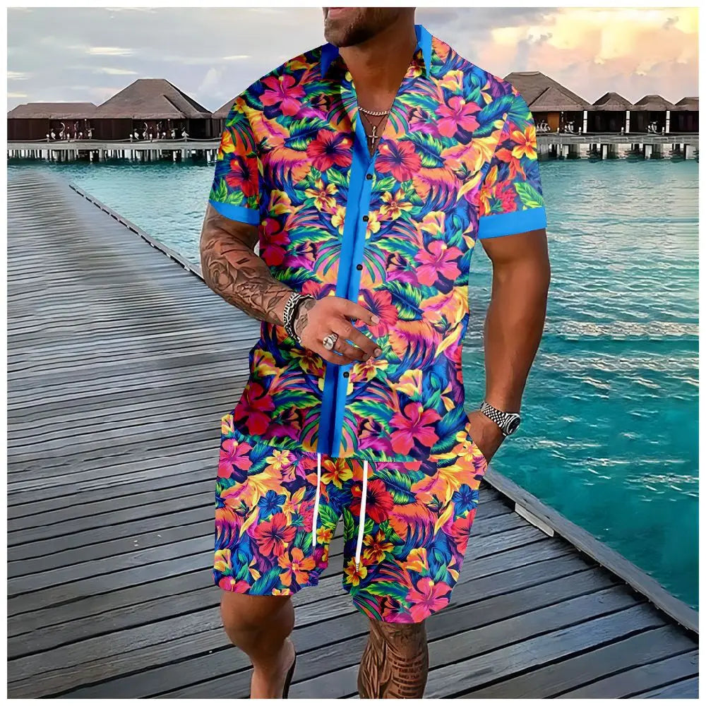 Conjuntos de camisas con estampado 3D de palmera de verano para hombre, camisa de manga corta, pantalones cortos de playa informales de gran tamaño, ropa de calle, trajes hawaianos