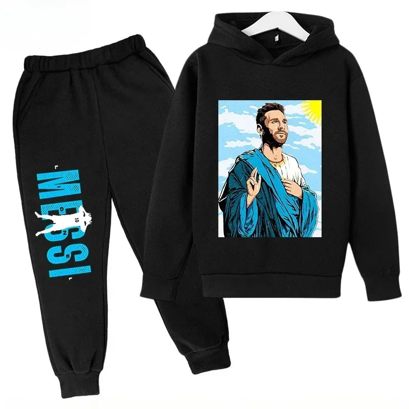 Conjunto deportivo para niños de primavera y otoño, traje con capucha y pantalones con estampado de Messi, conjunto de 2 uds., ropa para niños y niñas, chándal informal de moda