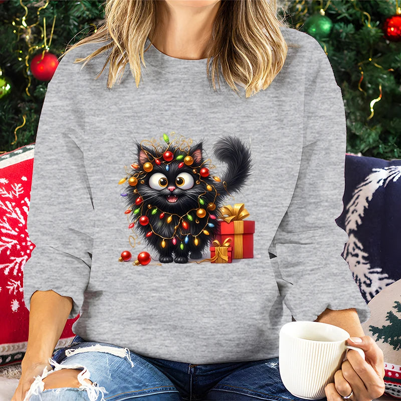 Regalo de amante de los gatos para Navidad, sudaderas para mujer, lindas y esponjosas luces de gatos, sudaderas con capucha de vacaciones, sudaderas navideñas para amantes de los animales