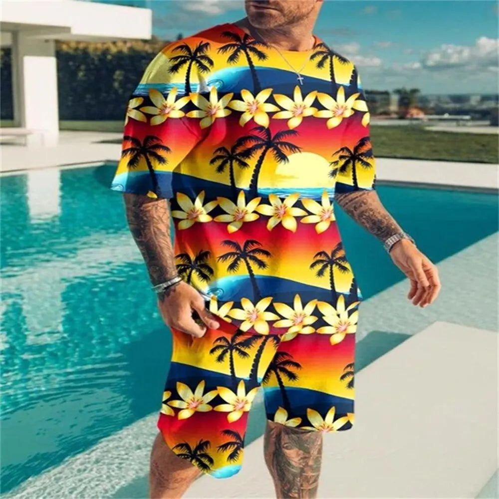 Conjuntos de camisetas y pantalones con estampado 3D de estilo Hawaiano, ropa deportiva a la moda para hombre, camiseta de manga corta de gran tamaño, conjunto de pantalones, trajes para hombre, ropa
