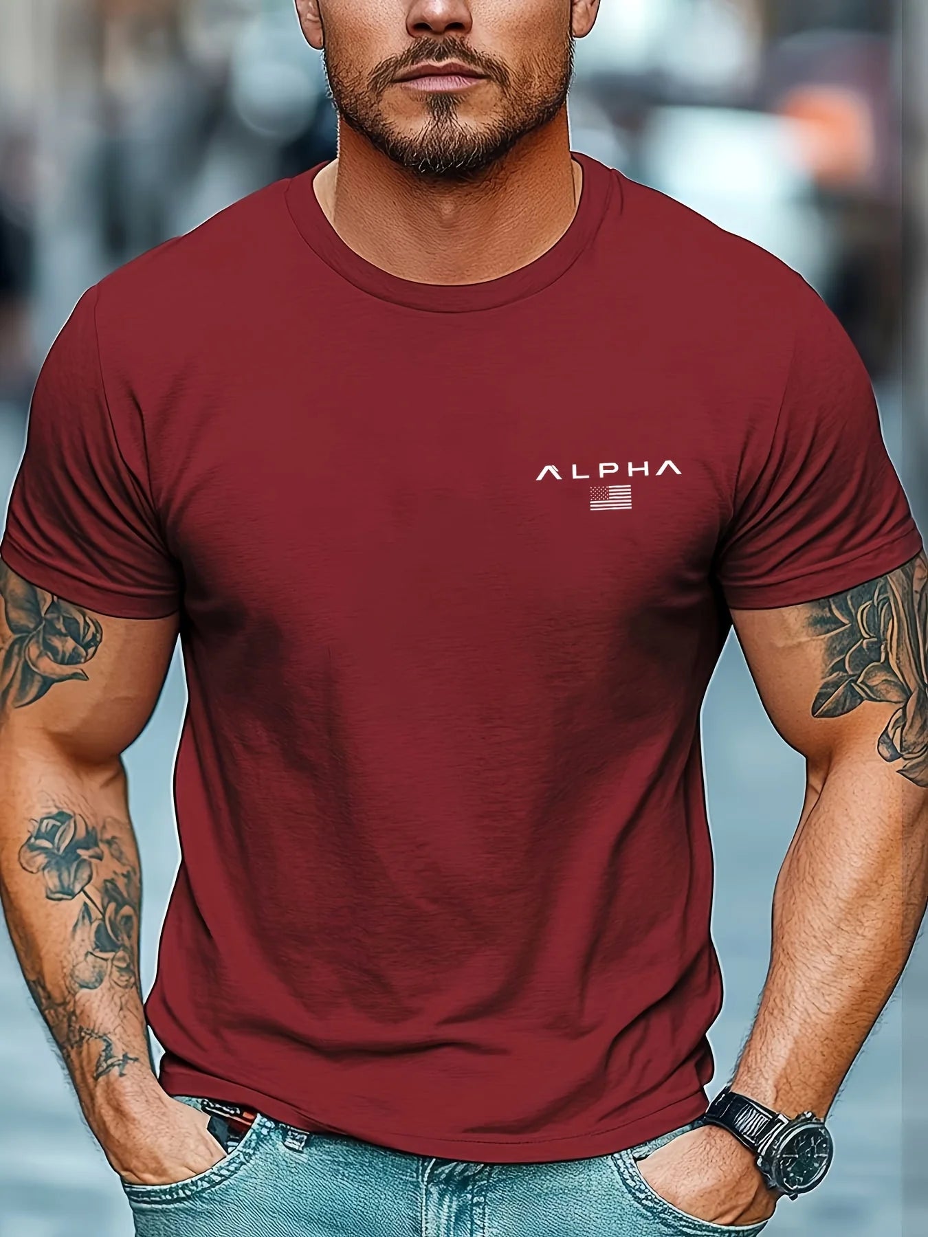 Camiseta de manga corta con cuello redondo y estampado de patrón ALPHA para hombre, 100% de algodón, informal, a la moda, deportiva, holgada, de verano