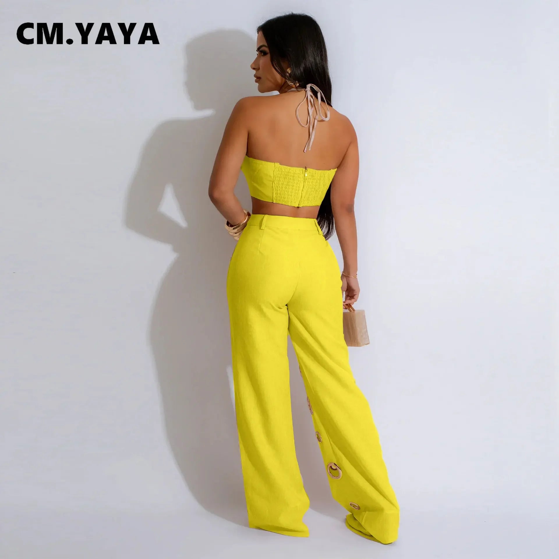 CM.YAYA-Conjunto de dos piezas para mujer, Top sin mangas y pantalones de pierna ancha, traje calado con agujeros, chándal de calle Sexy de verano