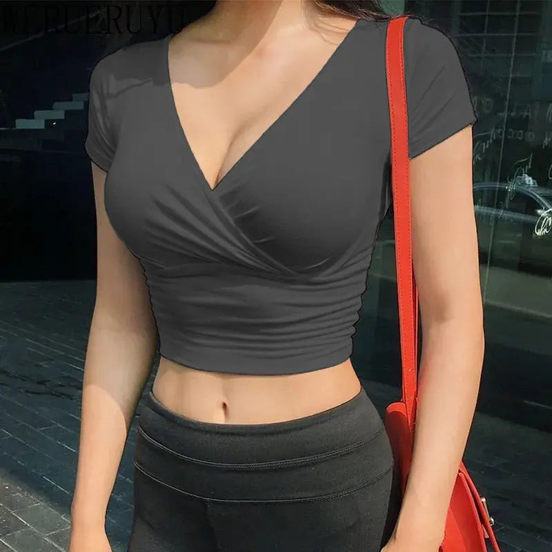 Camiseta negra Sexy con cuello en V para mujer, Top corto de manga corta Y2k, ropa de calle, Tops con corsé de moda coreana, camisetas 2023