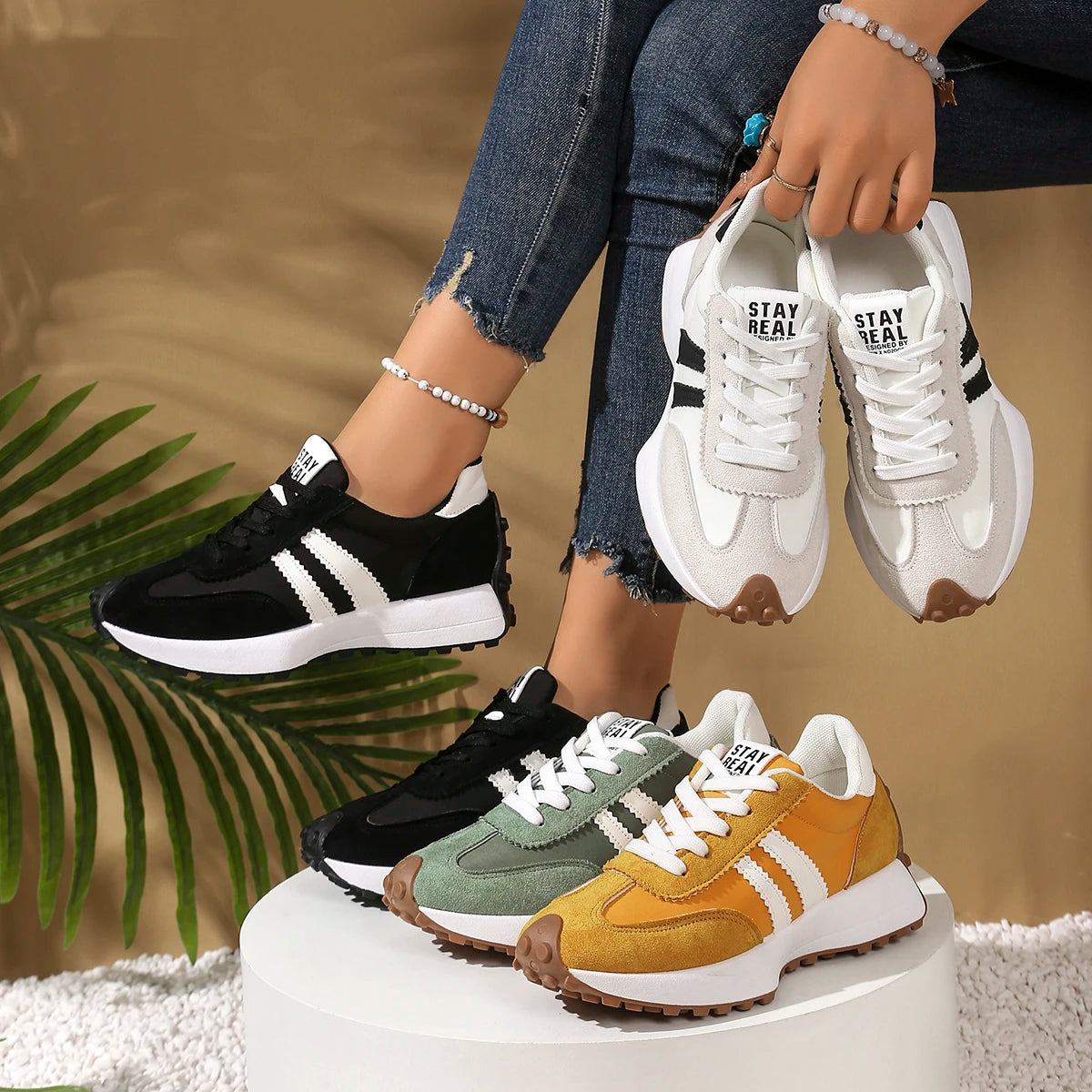 Nuevo estilo de moda, zapatos informales elegantes con cordones para mujer, Primavera/otoño, punta redonda, suela gruesa, zapatos deportivos cómodos antideslizantes