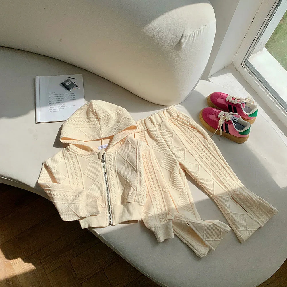 Conjunto de dos piezas para niñas, ropa de otoño, Top corto de punto de manga larga, pantalones acampanados divididos, nuevo estilo coreano