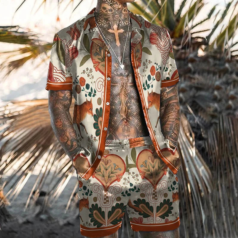 Conjunto de camisa para hombre con estampado 3D de estilo étnico, pantalones cortos de playa de manga corta con flores Retro, conjunto informal hawaiano de 2 piezas, ropa de calle de verano