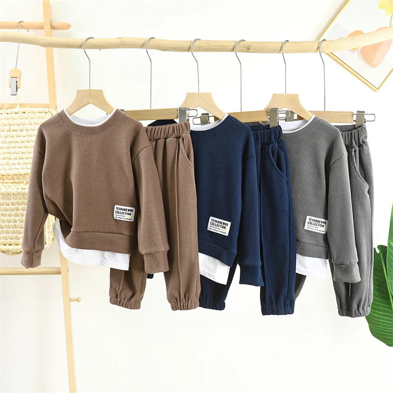 Conjuntos informales de gofres para niños y niñas, Trajes clásicos de manga larga, Top + Pantalones de moda, trajes de 2 piezas, otoño y primavera