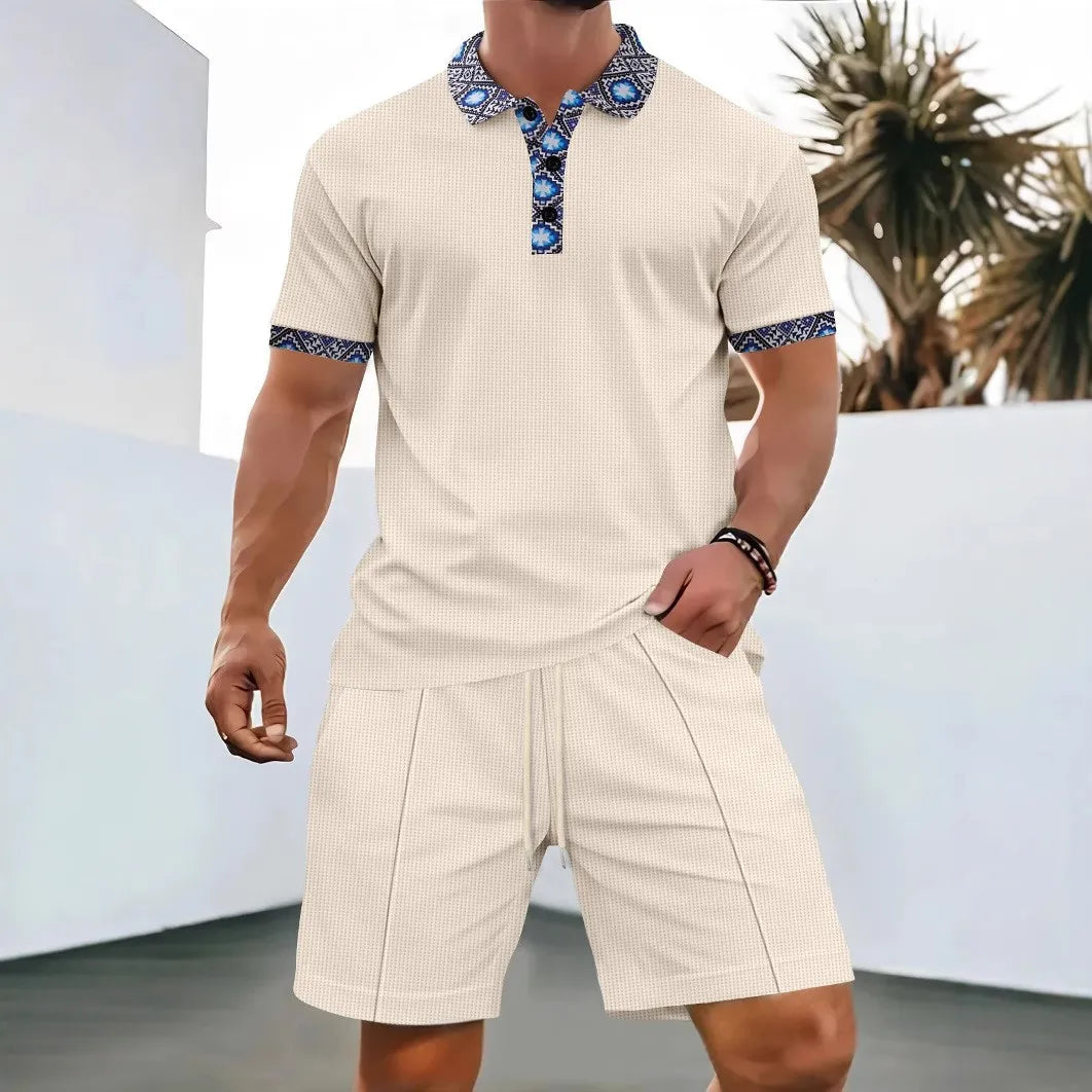 Conjunto de Dos Piezas para Hombre, Verano 2026, Estilo Europeo y Estadounidense, Color Liso, Cierre de Cremallera, Solapa, Manga Corta, Pantalones Cortos