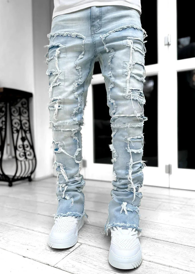 Nuevos pantalones vaqueros de moda para hombre, pantalones de trabajo, ropa de trabajo de moda europea y americana, pantalones acampanados en capas de mezclilla con retales elásticos, S-XXL
