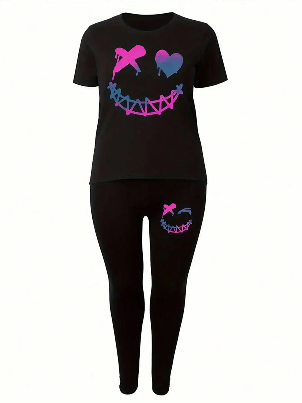 Conjunto de Dos Piezas para Mujer 2026, Camiseta Casual de Manga Corta con Cuello Redondo y Estampado de Sonrisa para las Cuatro Estaciones + Pantalones Ajustados con Estampado