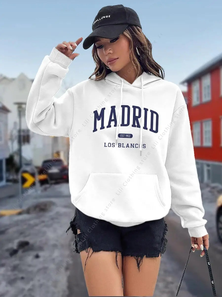Sudadera con Capucha para Mujer con Estampado de Letras MADRID, Otoño Invierno, Tops de Alta Calidad, Sudadera Estética, Camisa con Capucha, Ropa Holgada para Mujer