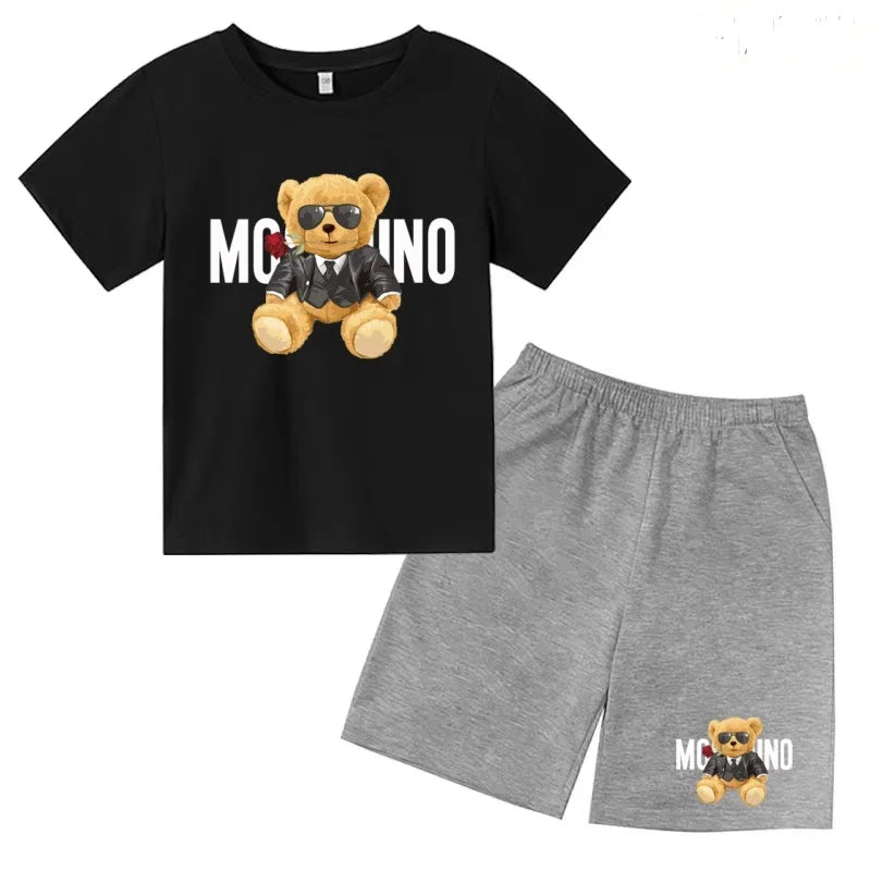 Boys Girls Summer Casual 2Pcs Set Lovely Bear Letter Print T-shirt & Shorts Comfortable Sports Running Suit