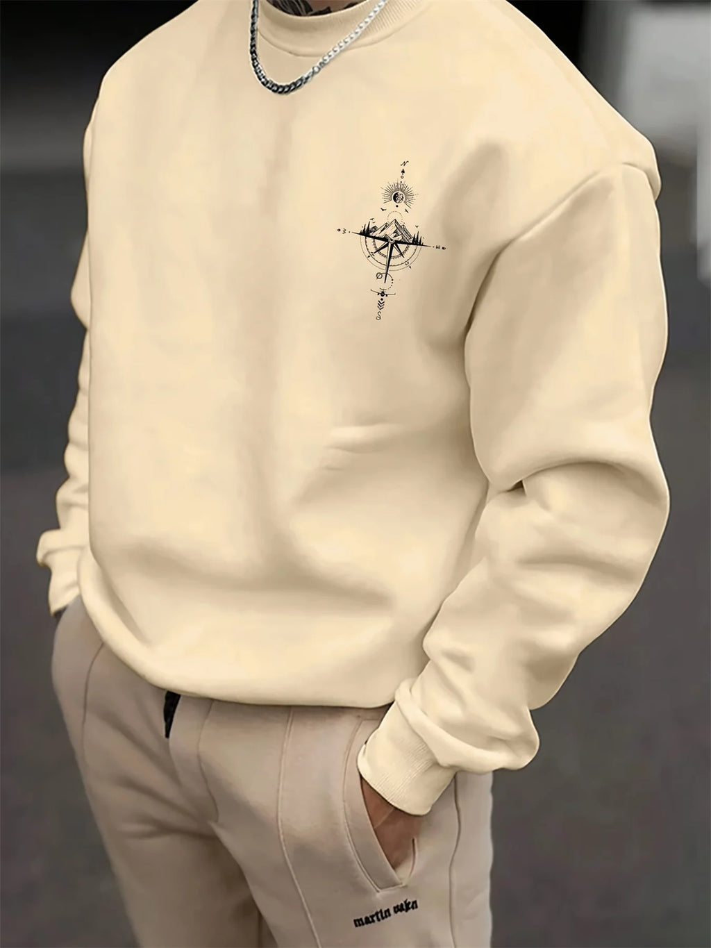 Sudadera holgada informal de otoño e invierno para hombre, sudadera clásica de manga larga con estampado geométrico de montaña y color beige a la moda