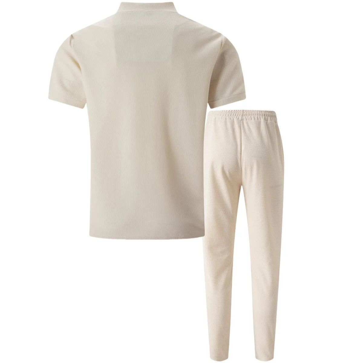 2025 Nueva camiseta polo de color sólido con cremallera pequeña y cuello tipo gofre para hombre, camiseta, pantalones de manga corta, dos conjuntos