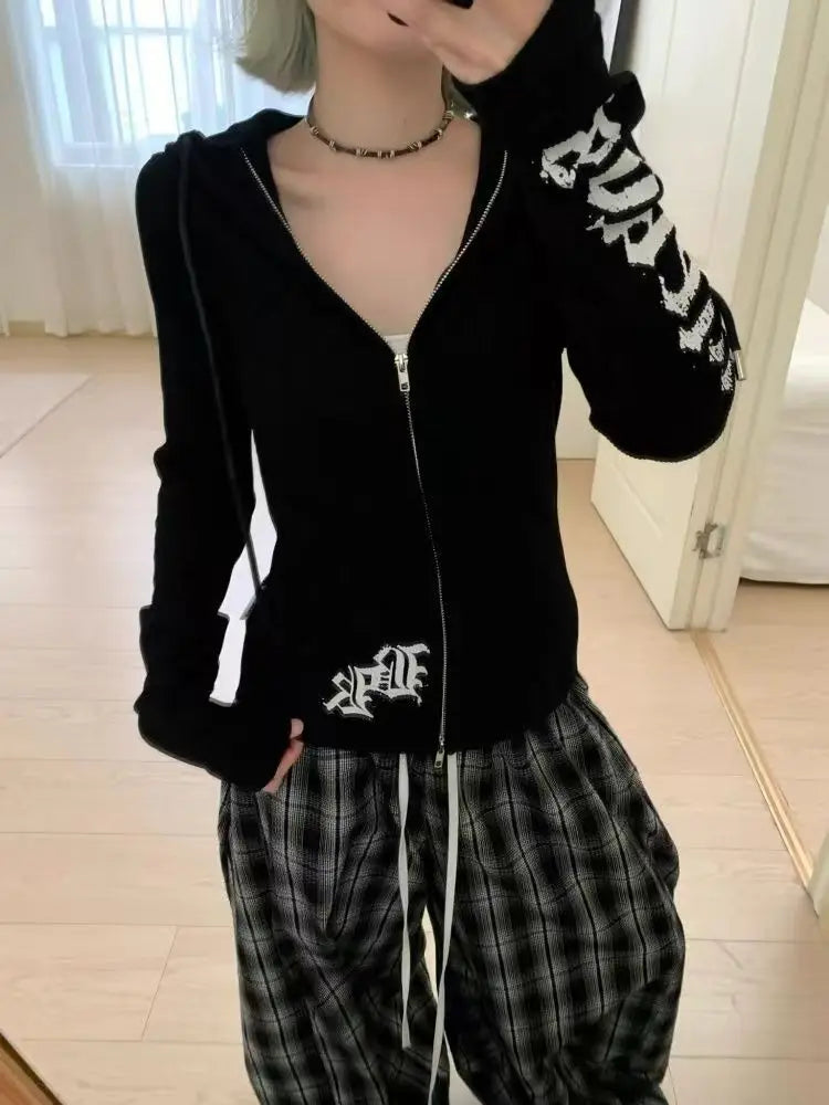Cárdigan de manga larga con estampado de letras Vintage para mujer, Sudadera con capucha ajustada elegante Hepburn con cremallera, trajes finos con capucha para otoño