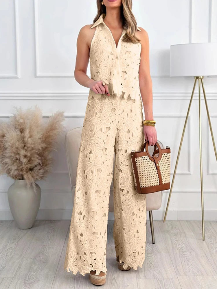 Conjunto de verano para mujer, camisa calada, pantalones, conjunto de tela de encaje, chaleco informal sin mangas, conjunto de pantalones de dos piezas, venta al por mayor, triangulación de envíos