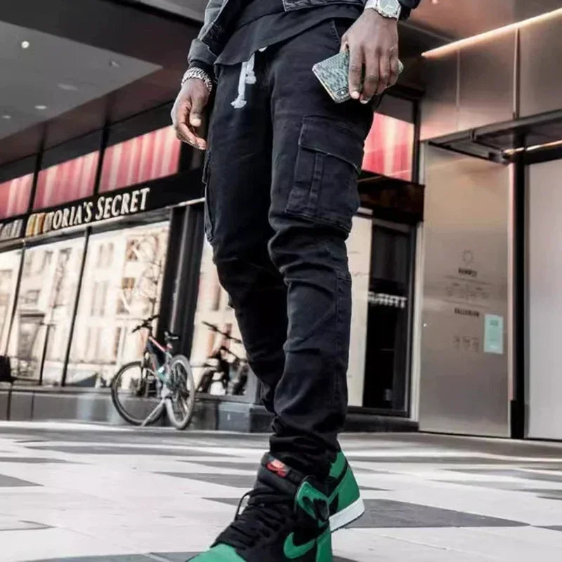 Pantalones vaqueros de tubo informales para hombre, elásticos, con múltiples bolsillos, pequeños, ajustados, de calle, vaqueros Cargo de cintura media de Color sólido